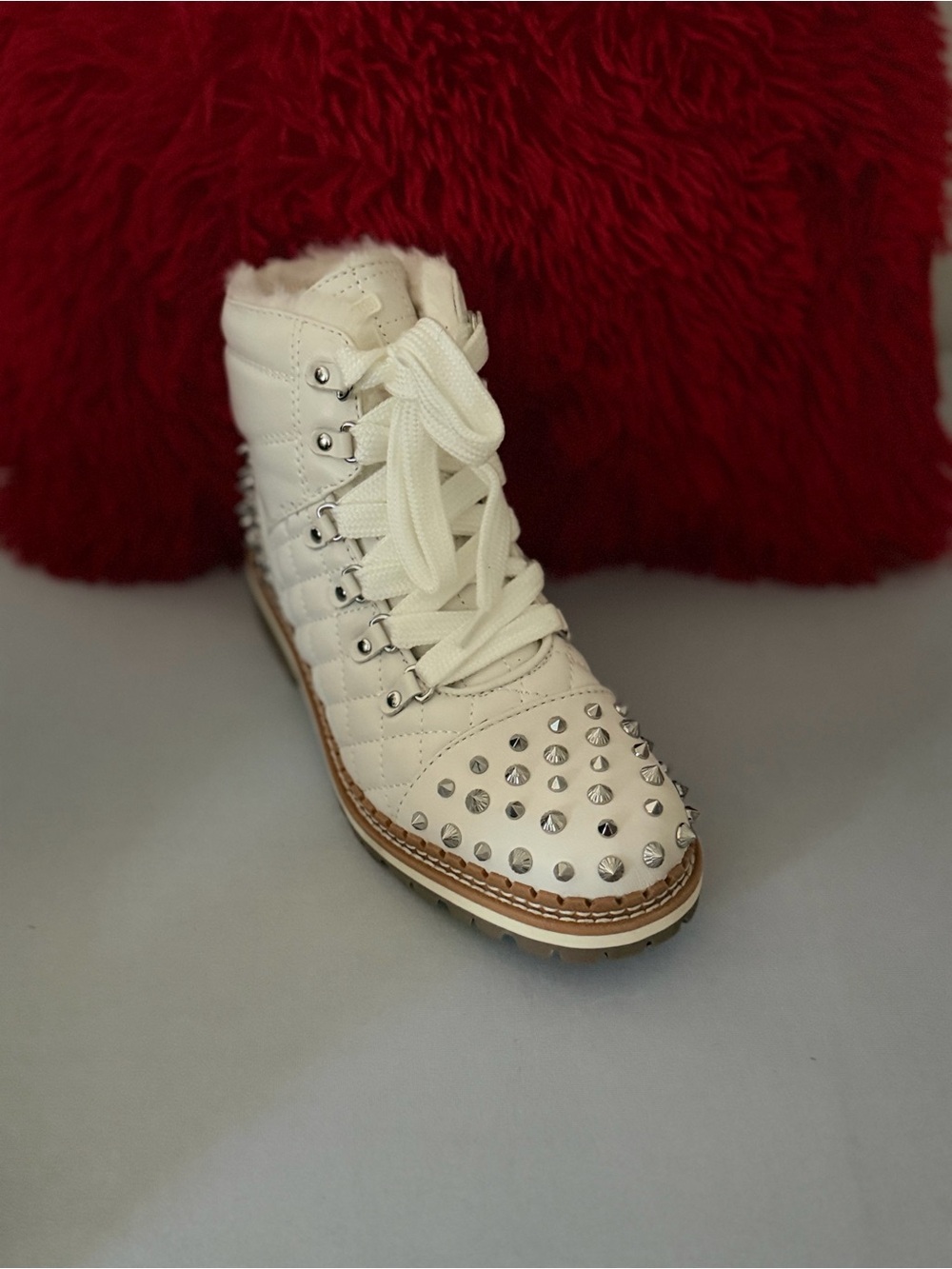 Sam Edelman White Quilted Studded Lace-Up Ankle Boot